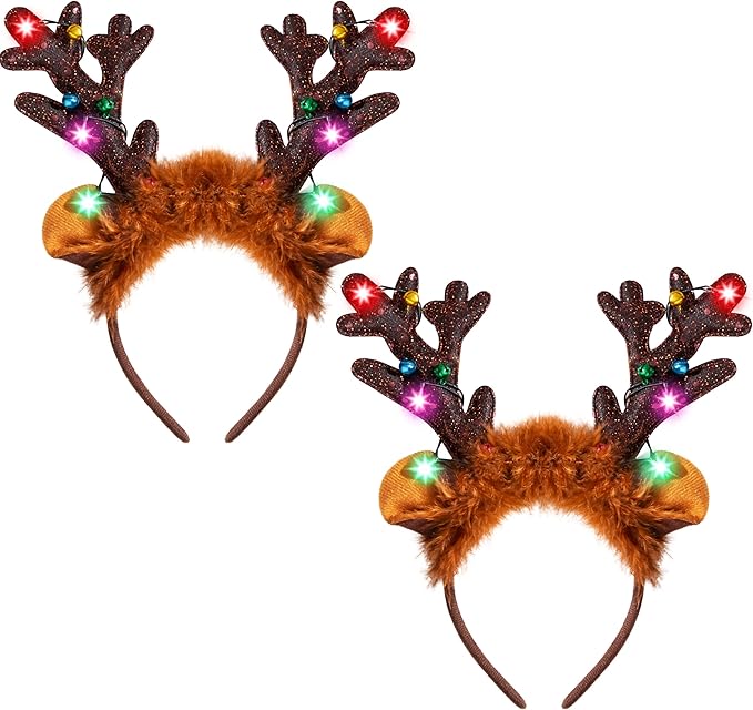 JOYIN Christmas 2PCS Reindeer Headband, Light-Up LED Antlers Reindeer Hat Holiday Headbands for Christmas Party Supplies and Holiday Parties Favors (ONE SIZE FITS ALL)