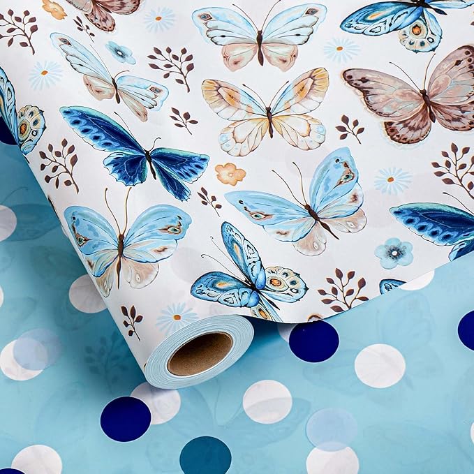MIMUTI Watercolor Butterfly Wrapping Paper - 17 in X 33 ft - Blue Reversible Gift Wrap with Butterfly, Polka Dots, Flowers, Branches and Leaves - Perfect for Wedding, Mother's Day, Baby Shower