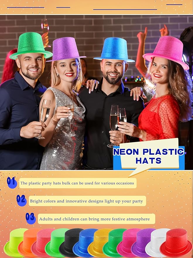 24 Pack Neon Top Hats Glitter Plastic Top Hat Colorful Magician Hat Bright Party Hats for Adult Kids Photo Booth Props Birthday New Years Party Supplies, 12 Colors