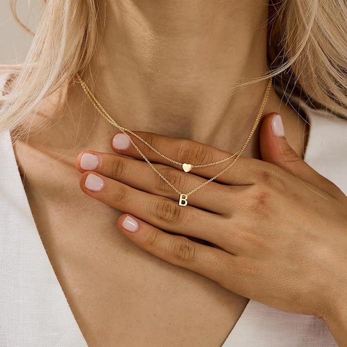 MOMOL 18K Gold Plated Stainless Steel Layered Heart Initial Necklace Personalized Tiny Letter Choker Necklace Monogram Name Necklace for Women