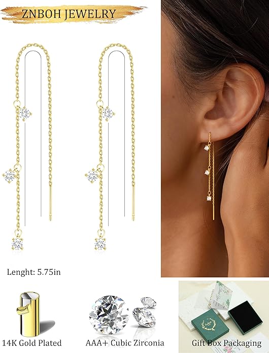 Gold Silver Dangle Earrings for Women Trendy 14K Gold Plated Drop Long Threader Chain Dangling Earring Hypoallergenic Pearl Butterfly Flower Clover CZ Wedding Earrings for Brides Jewelry Gifts