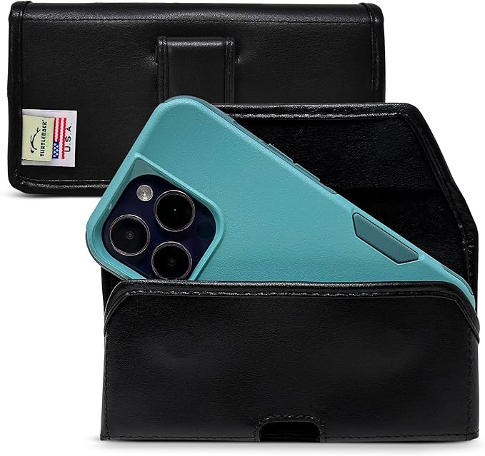 Turtleback Belt Holder for iPhone 16 Pro, 16e, 15 pro 14 Pro 13 Pro -Medium- Fits w/Shockproof Commuter Style Cases, Premium Black Leather Horizontal Case, Magnetic Closure, Leather Wrapped Clip