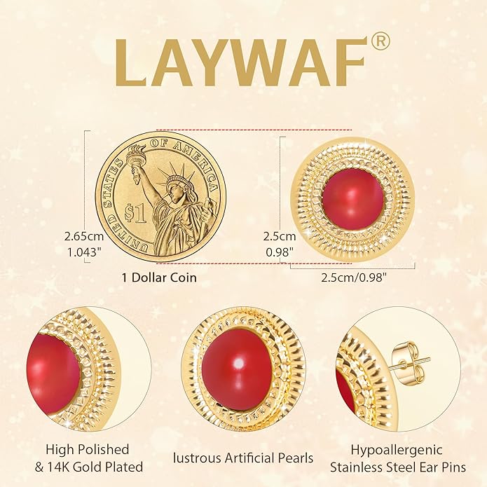 Faux Pearl Gold Plated Stud Earrings for Women, Hypoallergenic Stainless Steel Ear Pin, Available in a Variety of Pearl Colors