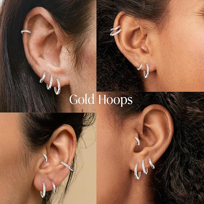 Small Gold Huggie Hoop Earrings Set for Women Men Hypoallergenic 14K Plated Stack Cartilage Earrings, Multiple Piercing Lightweight Mini Thin Cute Dainty Trendy Jewelry Set Christmas Gifts for Women