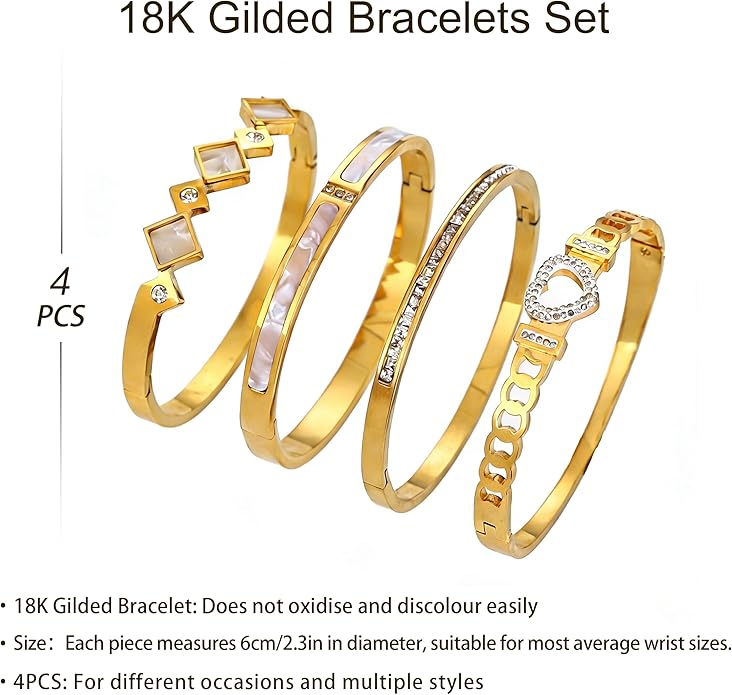 ZhiRui Women's 18K Gold Plated Stackable Bracelet Set - Waterproof Mother of Pearl Heart Cubic Zirconia Jewelry Gifts for Women