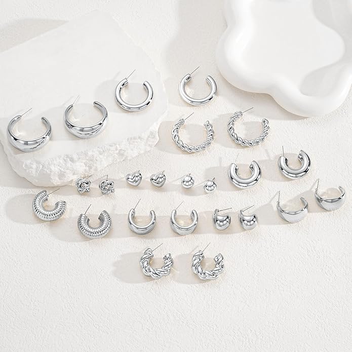 12 Pairs Chunky Gold Hoop Earrings for Women Trendy, Gold Plated Lightweight Hypoallergenic Stack, Thick Open Twisted Huggie Hoops Earring Set