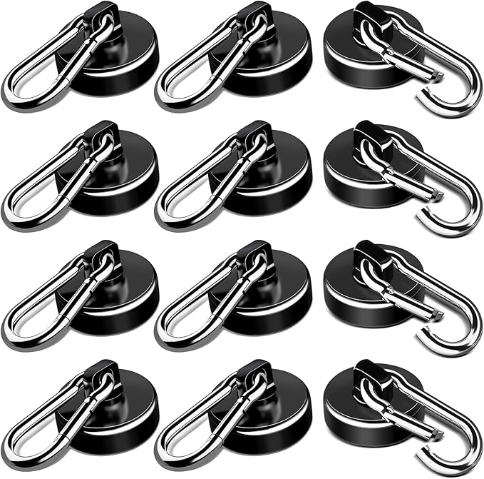 LOVIMAG Strong Magnetic Hooks, 70LBS Magnetic Hooks Heavy Duty Strong Neodymium Magnets with Carabiner Hook, Magnet Hooks with Swivel for Kitchen, Hanging, Cruise, Grill, Refrigerator - 12 Pack Black