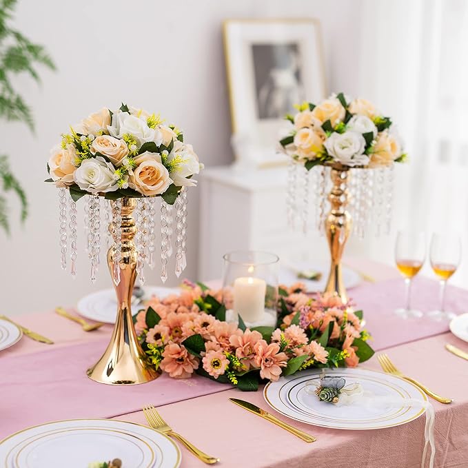 10 Pcs Gold Vases for Centerpieces, 13.8in Crystal Flower Arrangement Stand, Wedding Centerpieces for Tables, Tall Metal Flower Vase Holders for Wedding, Event, Reception, Birthday, Home Decor