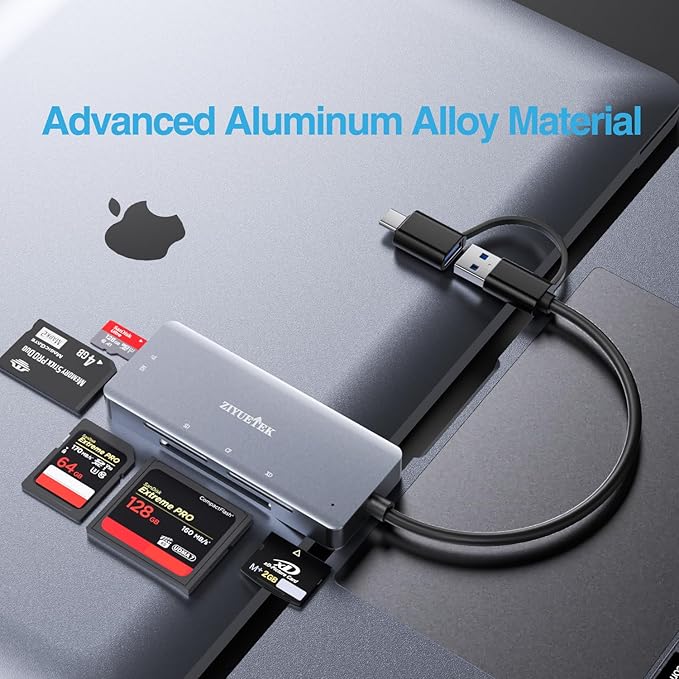 SD Card Reader, Aluminum 5in1 USB USB-C to SD Micro SD MS CF XD Card Reader Adapter Compatible with iPhone 15/16/Pro/Max, MacBook Pro/Air 2023, iPad Pro, iMac, S23, XPS 17, Surface Book 3 and More