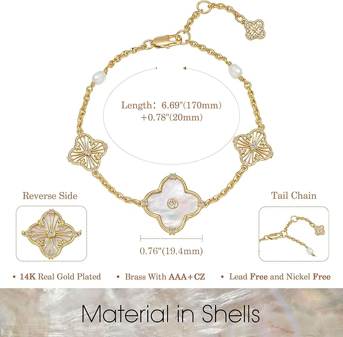 FETERO Gold Bracelets for Women Trendy, Dainty 14K Gold Plated Charm Clover Bracelet 2 Sided Lucky Pendant Cute Pearl Beaded Bracelets Link Chain Waterproof Womens Jewelry Gifts