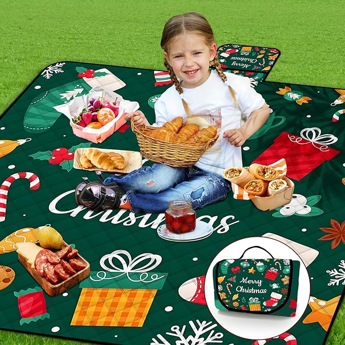 Poedist Extra Large Christmas Picnic Blanket Waterproof,80"x 80"Foldable Machine Washable Beach Blanket,Outdoor Blanket for 6-8 Adults,Suitable for Crawling,Park Beach,Camping,Hiking,Family