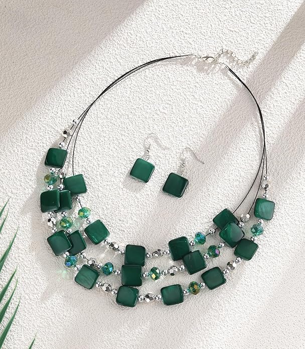 Layered Beaded Statement Necklaces for Women Square Shell Bead Collar Necklace and Earring Set Birthday Gifts Boho Jewelry Sets for Women