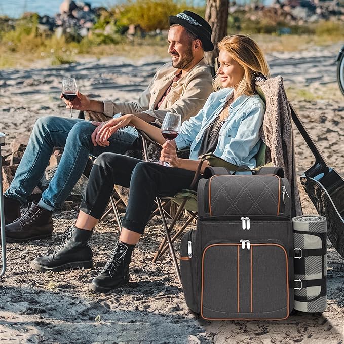 Picnic Backpack for 4, Picnic Basket Set, Leakproof Picnic Bag, Beach Cooler Backpack with Insulated Cooler Wine Pouch,Picnic Blanket, Double Deck Picnic Backpack for Beach,Camping,Park (Brown)