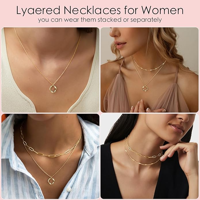 Layered Gold Necklaces for Women, Stackable Dainty 14K Gold Silver Plated Trendy Simple Heart Diamond Cross Bow Circle Pendant Paperclip Choker Dot Chain Necklace,Jewelry Set Gifts for Women