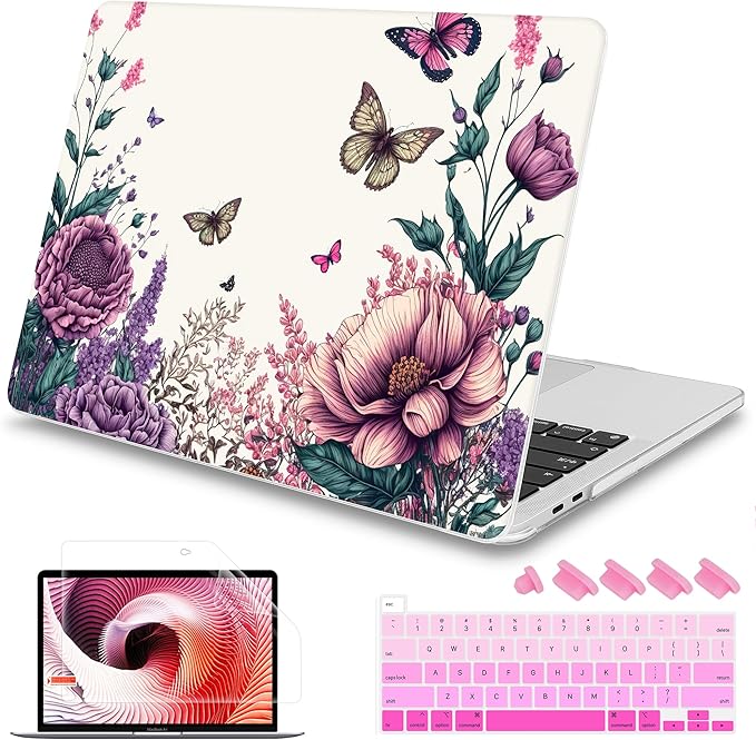 Mektron Designed Case for MacBook Pro 16 Inch A2141 Cover 2019 Release 16" with Liquid Retina Display/Touch ID, Plastic Hard Shell with Keyboard Skin & Screen Protector, Butterfly Flower C077