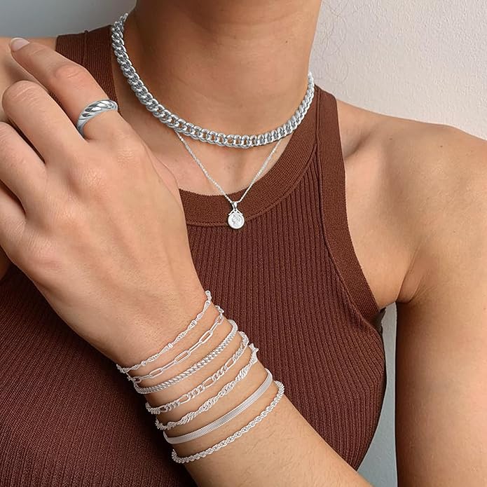 Reoxvo Bracelets Stack Silver Plated Chain Bracelet Set for Women Gold Hand Chain Rings Bracelets Jewelry for Women Trendy