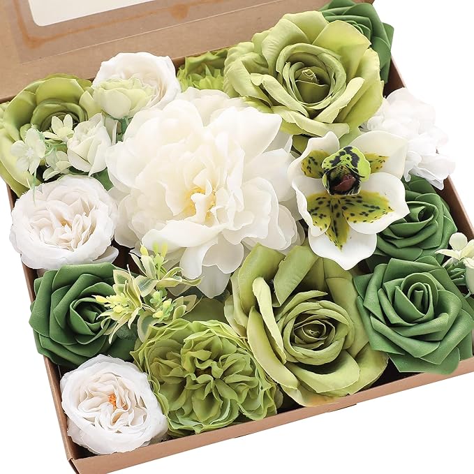 Floroom Olive Green White Artificial Flowers Fake Roses Peonies and Greenery Combo Box Set for DIY Wedding Bouquets Bridal Shower Centerpieces Floral Arrangements Party Tables Home Decorations