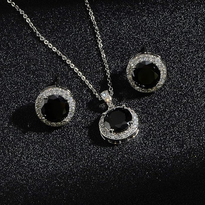 Bridal Crystal Jewelry Set - Sterling Silver Round Cubic Zirconia CZ Rhinestone Halo Birthstone Pendant Necklace Stud Earrings Set for Wedding Bride Bridesmaids Birthday Gift