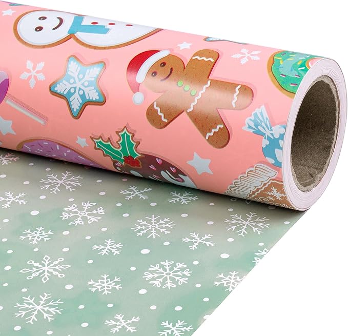 RUSPEPA Christmas Reversible Wrapping Paper Roll for Kids, Mini Roll, Gingerbread, Donut, Candy Cane Design and Light Green Snowflake, Ideal for Holiday Gifts and Christmas, 17 Inches x 16.4 Feet