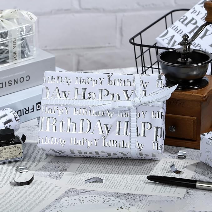 WRAPAHOLIC Jumbo 3D Kraft Birthday Wrapping Paper Roll - 30 Inch x 16.5 Feet - Silver and White Happy Birthday Wrapping Paper with Embossed Perfect for Holiday, Party Celebration