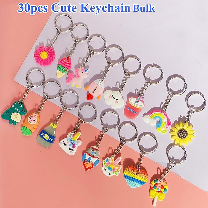 30pcs Different Keychains Bulk, Cute Keychain Key Chain Charms for Bag Key Backpack Decoration Party Favor
