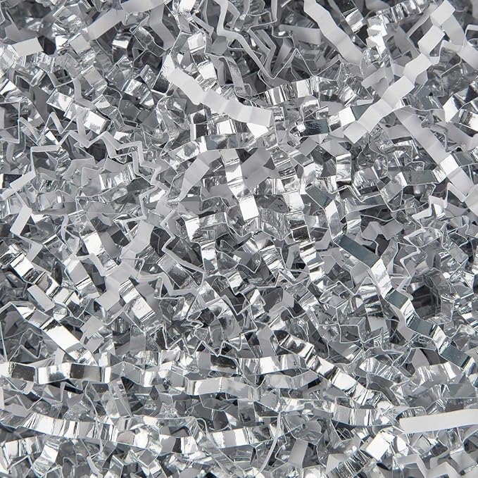 Caleihd 4.5oz Crinkle Cut Paper Shredded Filler Paper for Gift Baskets Gift Box Confetti Paper Shreds Decoration Stuffing for Birthday, Weddings, Anniversaries, Christmas Wrapping White&Silver