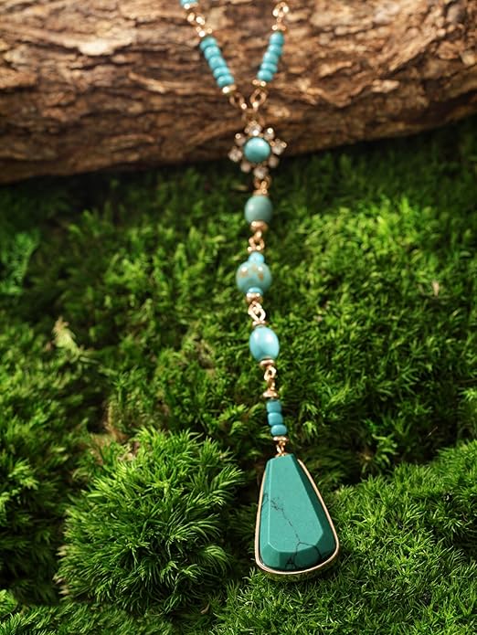MINACHI Bohemian Created Turquoise Beaded Y-Necklace, Turquoise-toned Multi-shaped Pendant, Dainty Elegant Jewelry for Women