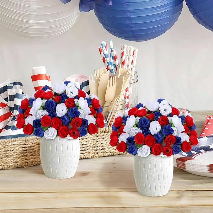 100pc Mini Patriotic Roses Head Bulk, 4th of July Artificial Small Rose Flower for Independence Day DIY Decor 1.3 Inch Red White and Blue Flower for Wedding Arrangement
