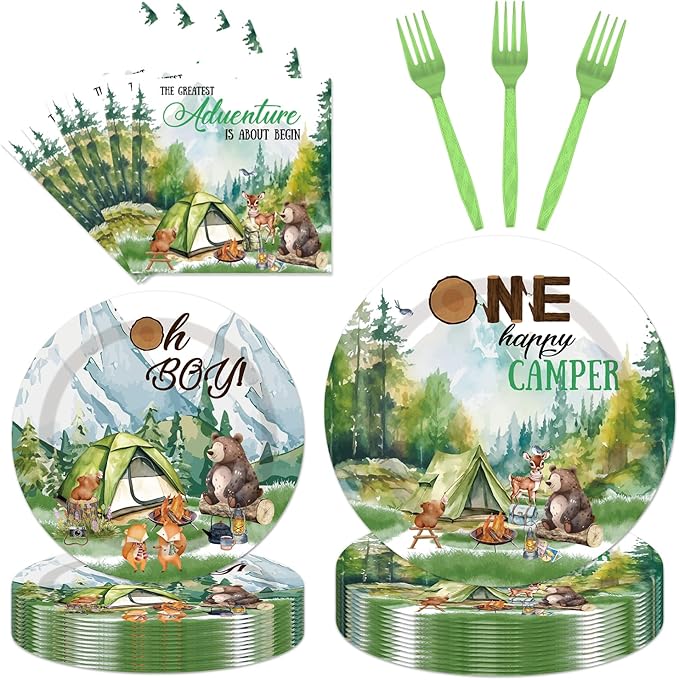 One Happy Camper Birthday Decorations - 96PCS One Happy Camper Plates and Napkins Party Supplies 1st Birthday Decorations Boy Adventure Camping Disposable Tableware Set Serve 24 Guests