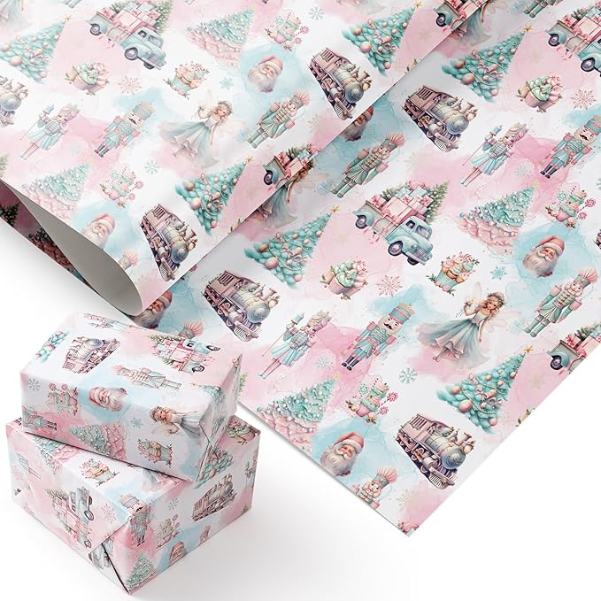 PlandRichW Nutcracker Christmas Wrapping Paper - Sweet Pastel Nutcracker Scene with Trees, Train & Angels - 40×28 Inch Xmas Gift Wrap, 4 Folded Sheets for Kids & Adults