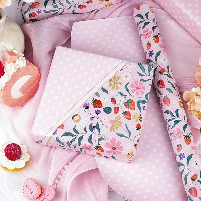 MAYPLUSS Strawberry Wrapping Paper Roll, Pink Floral Gift Wrap for Mothers Day, Wedding, Bridal Shower, Birthday, 17 Inch x 33 Feet