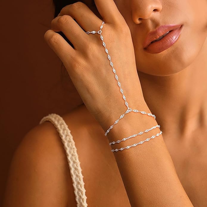 Valentine Gift 14K Gold Plated Hand Chain Bracelet for Women Trendy, 2 Pcs Stackable Gold/Silver Finger Ring Bracelet Hand Chain Dainty Non Tarnish Waterproof Set Jewelry Adjustable 7'+2