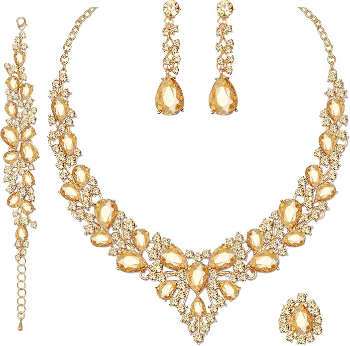 CSY 4 Pcs/Set Austrian Crystal Necklace Earrings Bracelet Ring Bridal Jewelry Sets for Brides Wedding Party Costume Accessories Gifts for Women