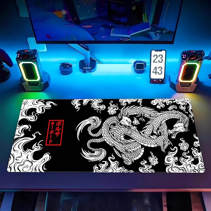 Black and White Mouse Pad Extra Large Gaming Mousepad XL Dragon Desk Mats Japanese Full Desk Keyboard Mat Computer Pad Desk Matt with Stitched Edges Non-Slip Desktop Mat 31.5 x15.7 in