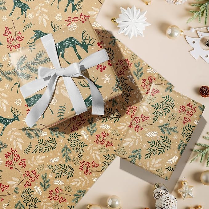RUSPEPA Christmas Kraft Wrapping Paper Roll - Mini Roll - 17 inches x 10 feet per Roll, Total of 3 Rolls - Berry Leaves and Reindeer