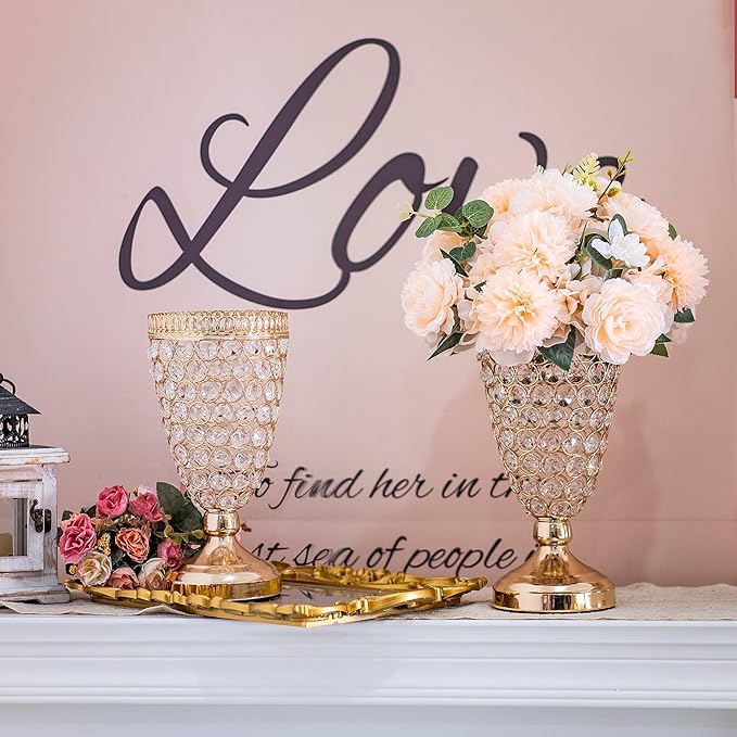 Gold Crystal Trumpet Floral Vase -2 Pcs Centerpieces for Wedding Table, 10.6" Wrought Iron Crystal Vase, Flower Vases for Party Dinner Centerpiece Event, Anniversary Ceremony Birthday Home Decoration