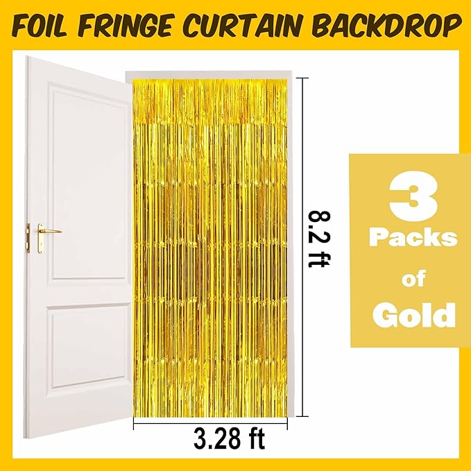 3 Pack Gold Foil Fringe Curtains Backdrop, 3.28 x 8.2 Ft Metallic Streamers Tinsel Curtains Background for Photo Booth, Birthday, Halloween, Christmas, Thanksgiving, New Year Party Decorations