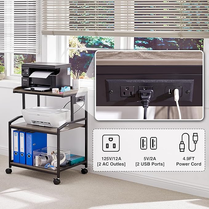 Lauren&Harold 34'' Printer Stand with Power Outlets & USB Ports, 3-Tier Adjustable Rolling Cart, Heavy Duty 150LBS Storage Table with Wheels for Office, Kitchen, Living Room, Grey/Black