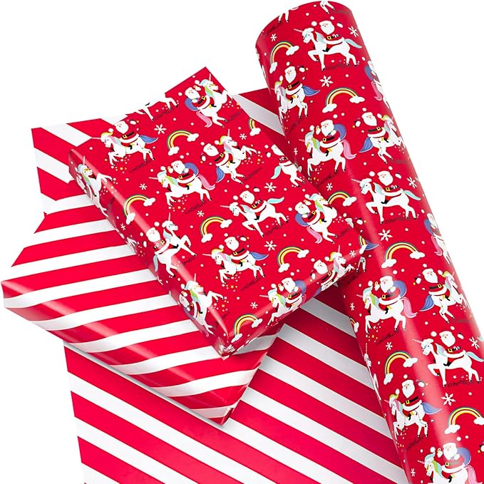 WRAPAHOLIC 30 Inch Jumbo Reversible Unicorn Christmas Wrapping Paper - 30 Inch x 33 Feet - Red Santa Claus, Unicorn Wrapping Paper and Stripe Design for Holiday, Party Celebration