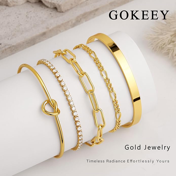 Gold Bracelets Set for Women Non Tarnish, 14K Gold Plated Sterling Silver Chunky Cuff Bracelet Stackable Gold Bangles Bracelet for Women Trendy Fashion Accessories Tie Knot Cuban Rope Paperclip Beaded Bracelet Stack Jewelry Valentines Day Gifts