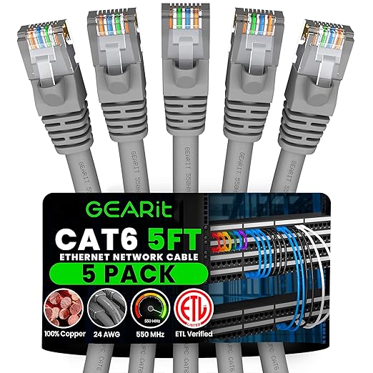 GEARit Cat 6 Ethernet Cable (5-Pack 5 Feet) Cat6 Network Patch, 10Gbps, RJ45, Snagless Cord, Gold-Plated Connectors, Internet for PC, TV, Tablet, Router, Printer, Servers, IT Data Center - Gray