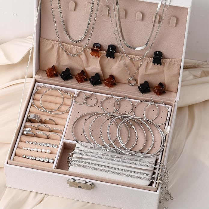 Valentines Gifts -56 Pcs Gold Jewelry Set for Women with 5Pcs Layered Necklace, 5Pcs Layered Necklace, 12 Bracelets, 4 Hoop Earrings, 8 Stackable Rings, 10 hairpins, 12 Studs Earrings Jewerly set for Women