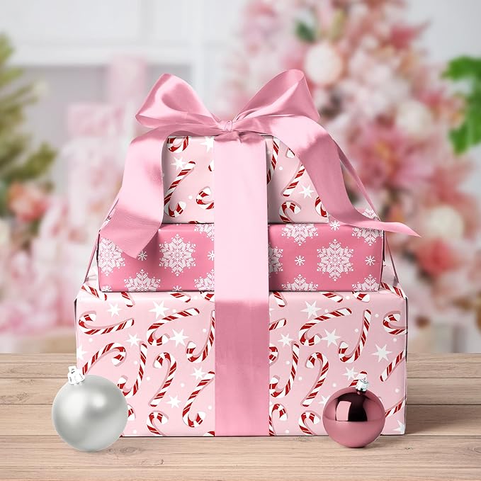 LaRibbons Reversible Christmas Wrapping Paper Roll, Pink Snowflake & Candy Cane Design for Christmas, Party, Holiday, Celebration, 17 Inch X 33 Feet