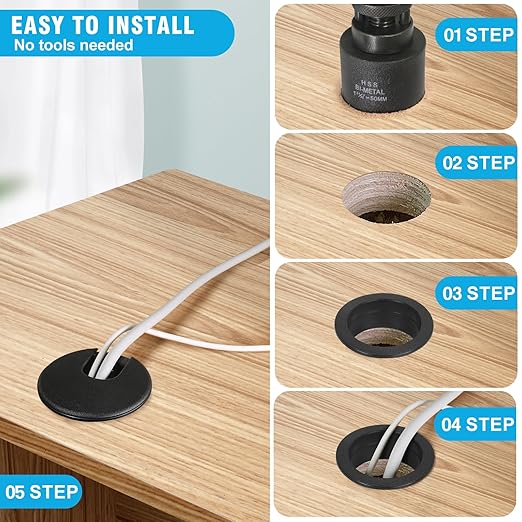2" Black Desk Grommet with Bi-Metal Hole Saw, JTemgle Plastic Cable Hole Cover Computer Table Cord Wire Organizer Caps, Desktop Cord Management for Home Office TV Stands Tabletops, 7 Pieces