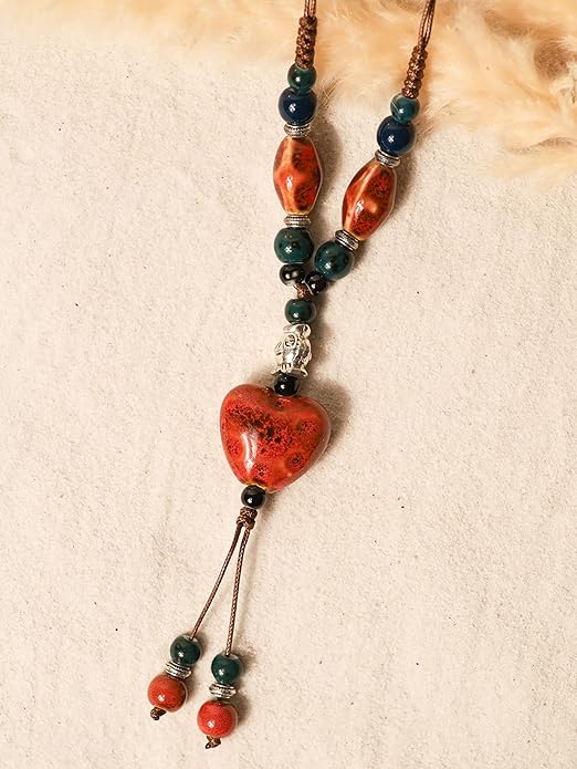 MINACHI Boho Hippie Colorful Ceramic Heart Bead Strand Necklace, Bohemian Summer Statement Jewelry Gift for Women