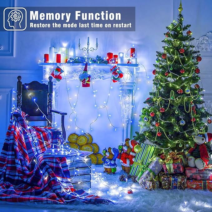 66FT 200 LED Christmas Lights Outdoor, Plug in Christmas String Lights Waterproof with 8 Modes, Connectable Clear Wire Fairy Light for House Tree Xmas Party Decor, Blue White