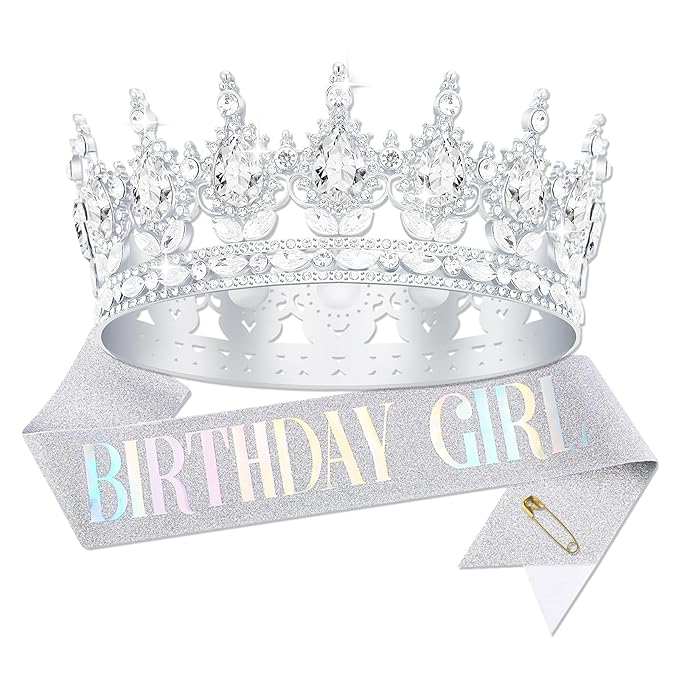 Queen Crown Birthday Crowns for Women, Birthday Girl Sash, Birthday Tiara for Women Set, Princess Rhinestone Birthday Girl Headband Birthday Gifts for Women, Sweet Happy Accessories
