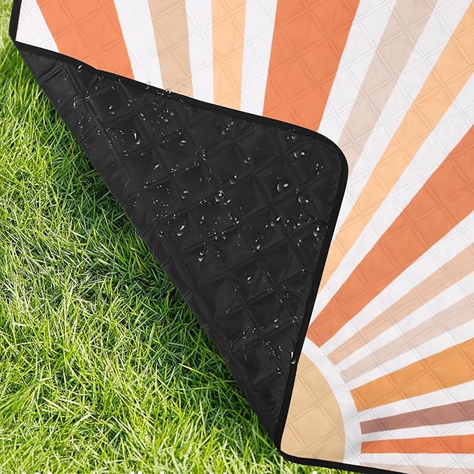 Picnic Blankets Waterproof,79''x79'' Extra Large Foldable Sandproof Beach Blanket,Portable 3-Layer Polyester Outdoor Picnic Blanket for Grass Lawn,Beach,Family Camping,Park,Travel-Starburst Orange
