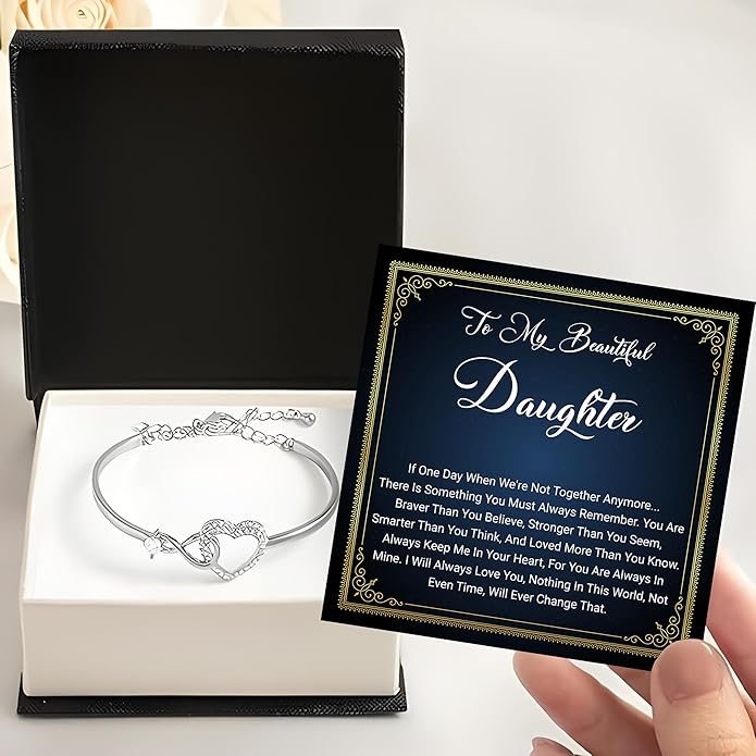 Daughter Infinity Heart Bracelet, Daughter Jewelry Gift From Mom or Dad with Message Card and Box Meaning