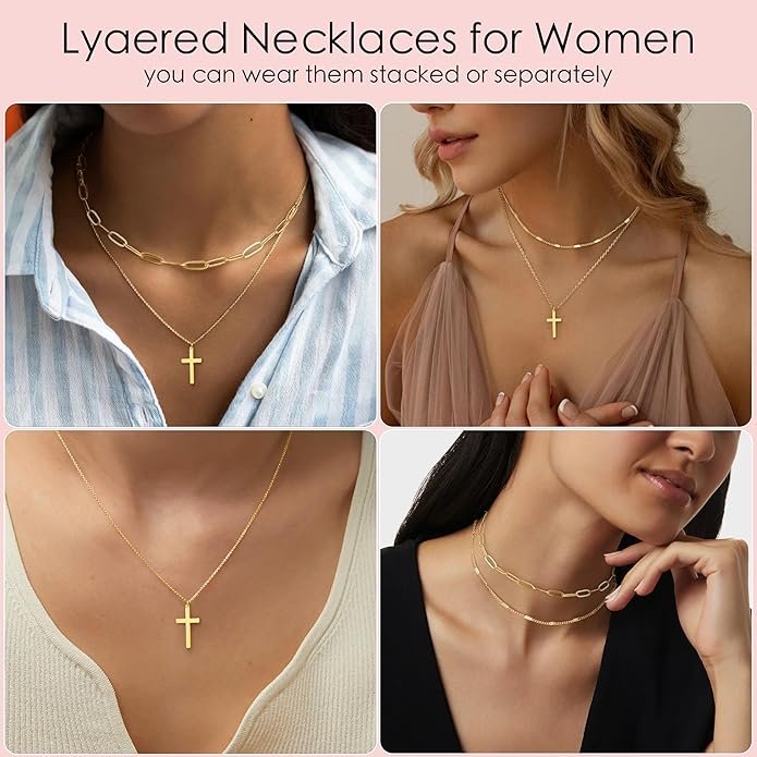 Layered Gold Necklaces for Women, Stackable Dainty 14K Gold Silver Plated Trendy Simple Heart Diamond Cross Bow Circle Pendant Paperclip Choker Dot Chain Necklace,Jewelry Set Gifts for Women